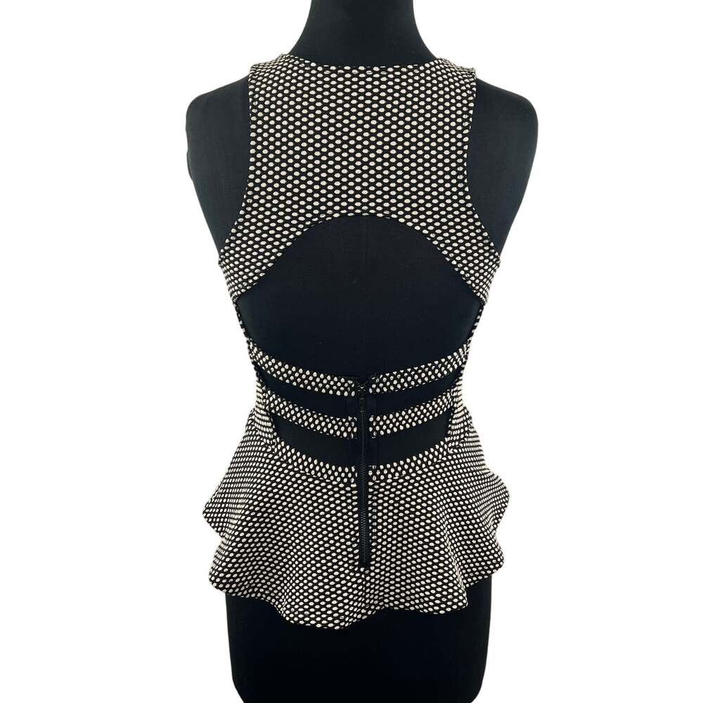 SANS SOUCI Knit Polka Dot Body Con Cut Out Back Peplum Zipper Top Size M Medium